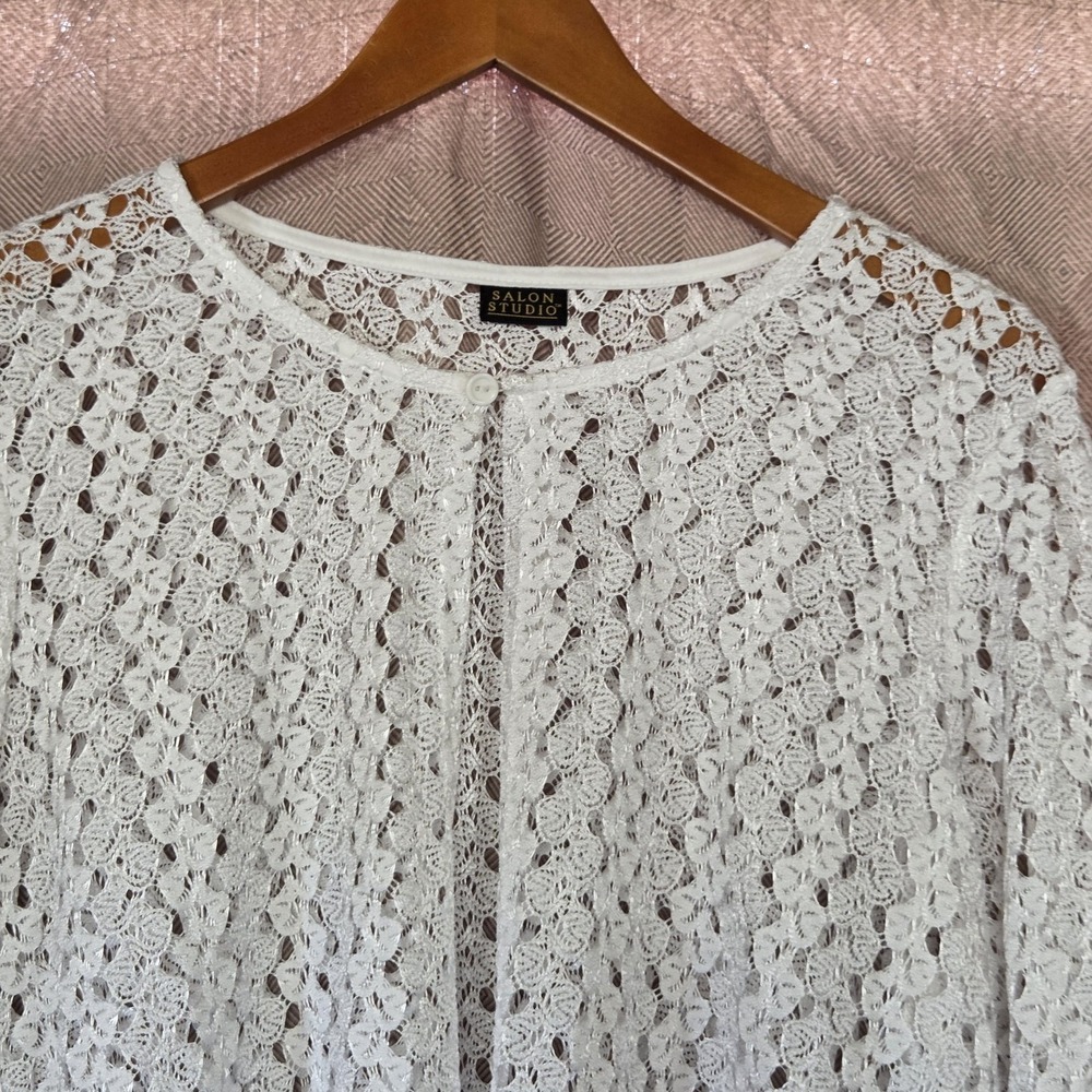 Salon Studio Blouse Womens Large White Round Neck Short Sleeve Lace Crochet Top